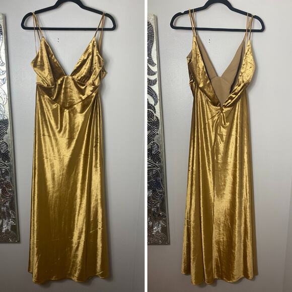 BARDOT DRESS XL MAXI CAPRI SLIP LONG GOWN VELVET VELOUR GOLD MARIGOLD OPEN BACK2 - Picture 3 of 15